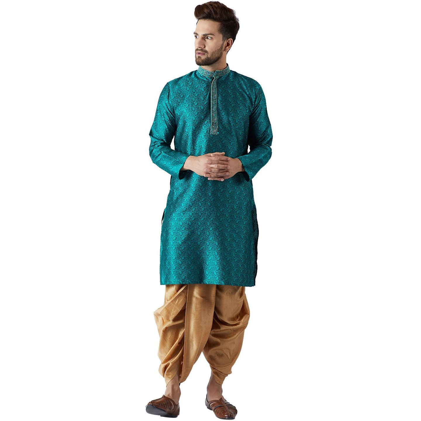 Sojanya (Since 1958, Men's Teal Green & Gold Silk Blend Kurta & Dhoti Set, Size L