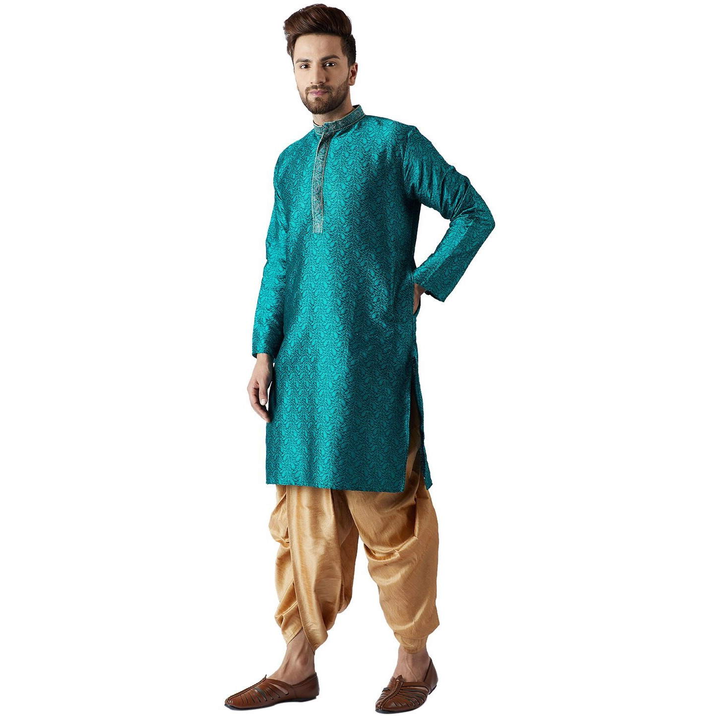 Sojanya (Since 1958, Men's Teal Green & Gold Silk Blend Kurta & Dhoti Set, Size L