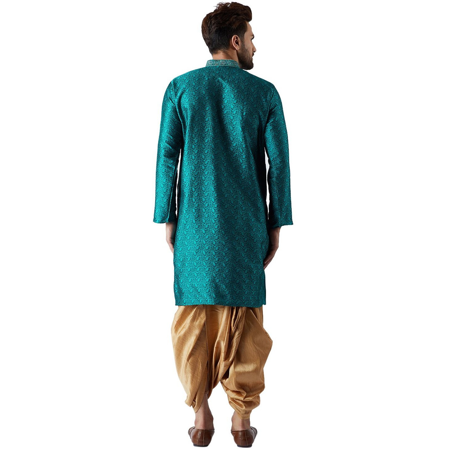 Sojanya (Since 1958, Men's Teal Green & Gold Silk Blend Kurta & Dhoti Set, Size L