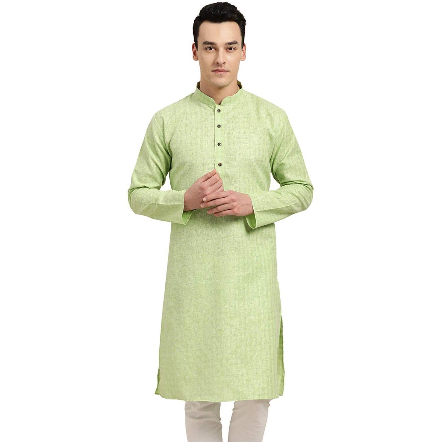 Sojanya (Since 1958 Men's Cotton Linen Green Checked Only Long Kurta Size 36