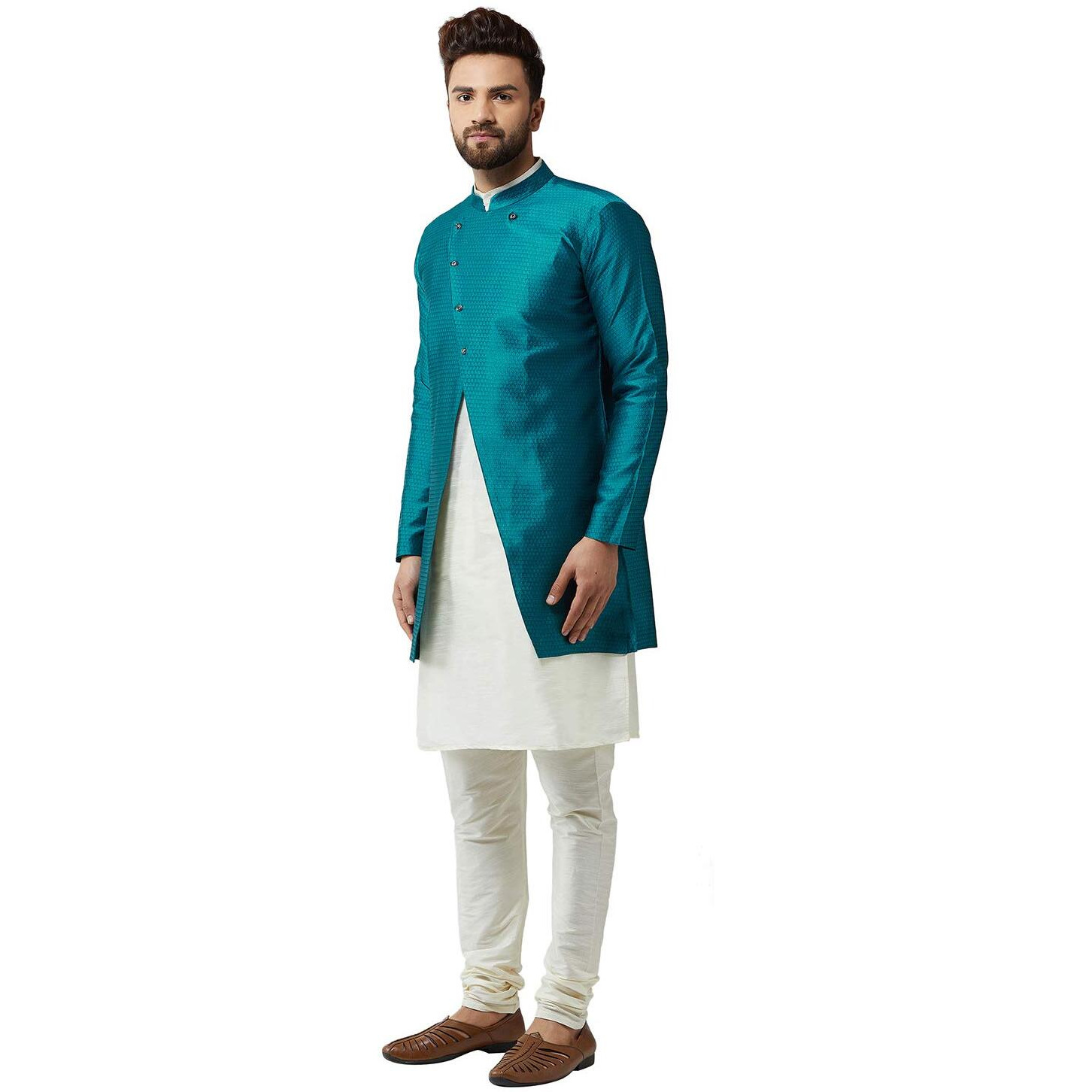 Sojanya (Since 1958 Men's Silk Blend Cream Kurta Churidaar Pyjama & Peacock Blue Jacket Combo Size 44