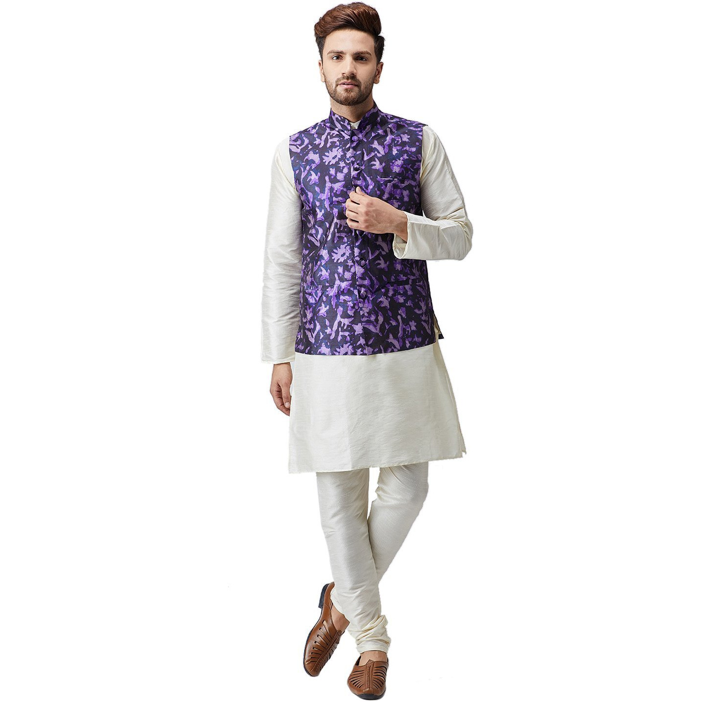 Sojanya (Since 1958 Men's Silk Off-White Kurta Pyjama & Navy Blue Printed Nehru Jacket Set Size M