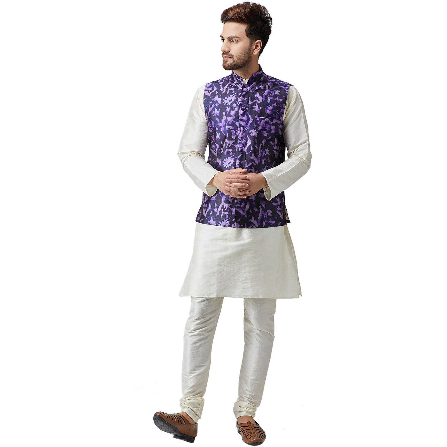 Sojanya (Since 1958 Men's Silk Off-White Kurta Pyjama & Navy Blue Printed Nehru Jacket Set Size M
