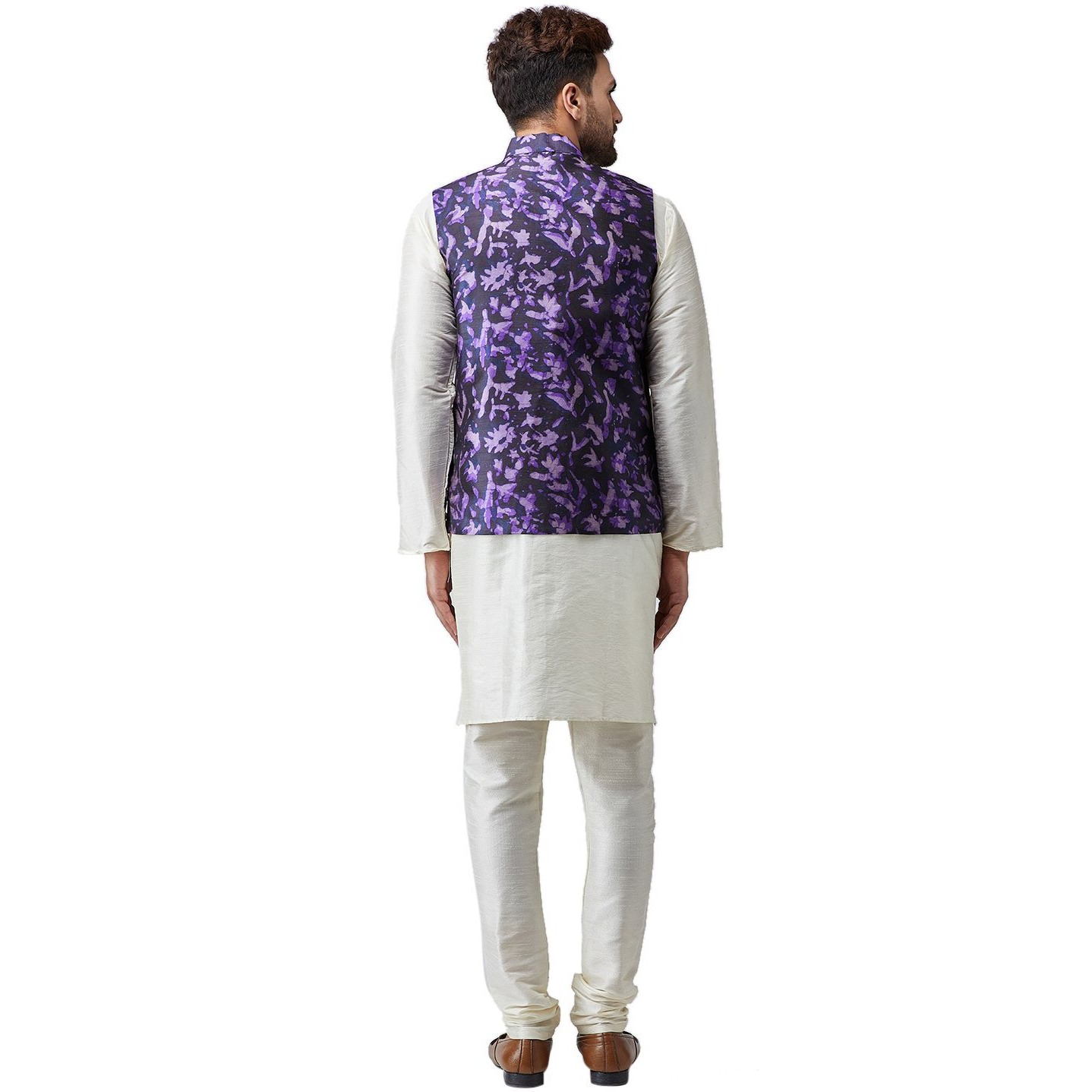 Sojanya (Since 1958 Men's Silk Off-White Kurta Pyjama & Navy Blue Printed Nehru Jacket Set Size M