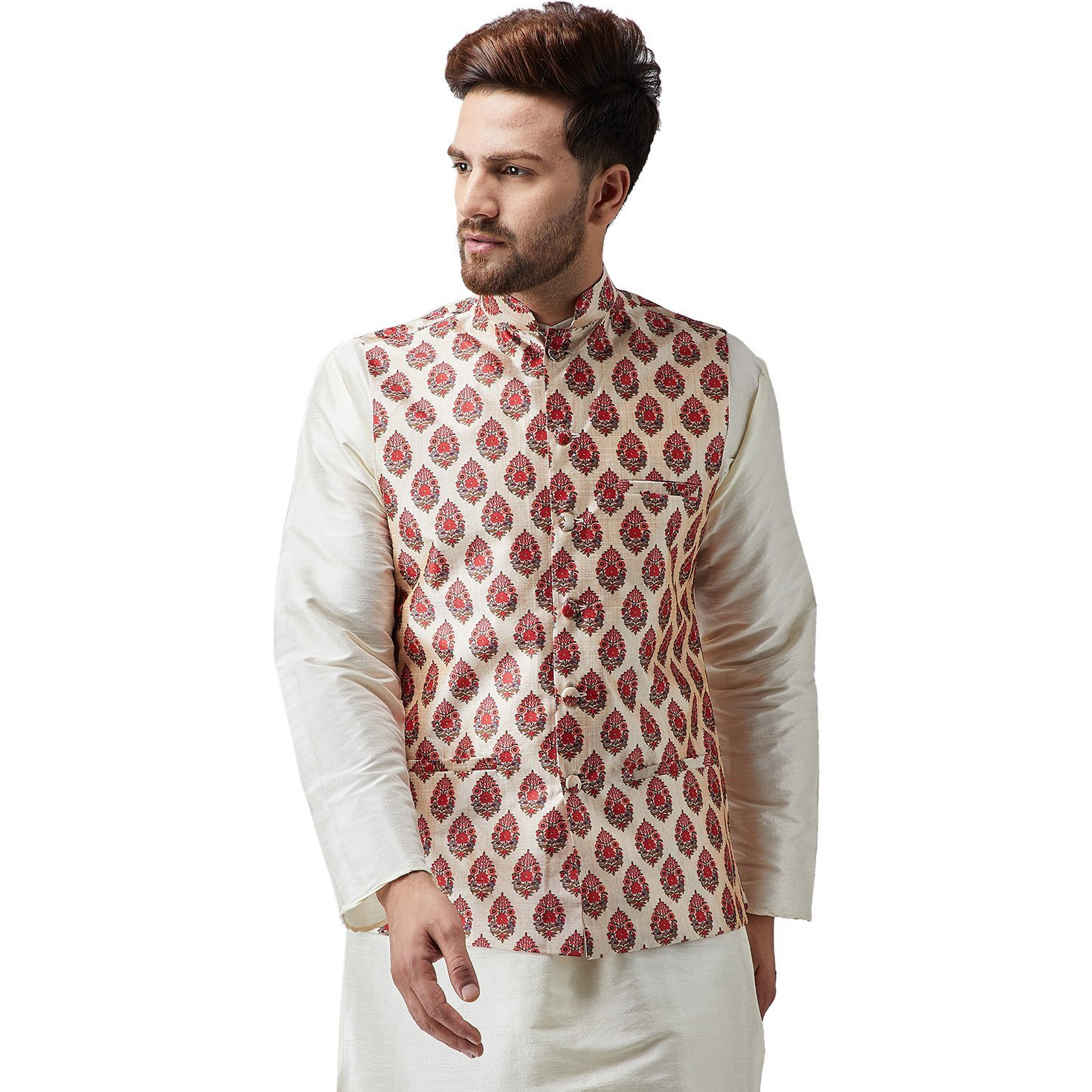 Sojanya (Since 1958, Men's Silk Blend Maroon Printed Only Nehru Jacket, Size M