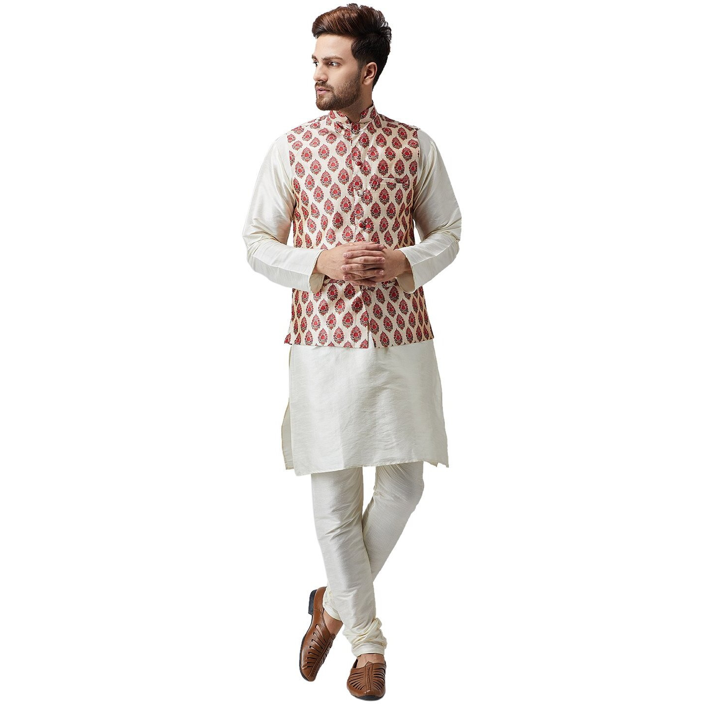 Sojanya (Since 1958, Men's Silk Blend Maroon Printed Only Nehru Jacket, Size M