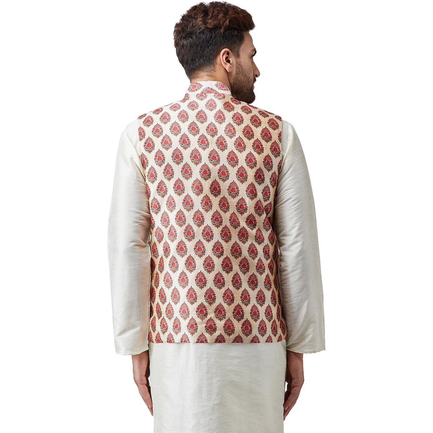 Sojanya (Since 1958, Men's Silk Blend Maroon Printed Only Nehru Jacket, Size M