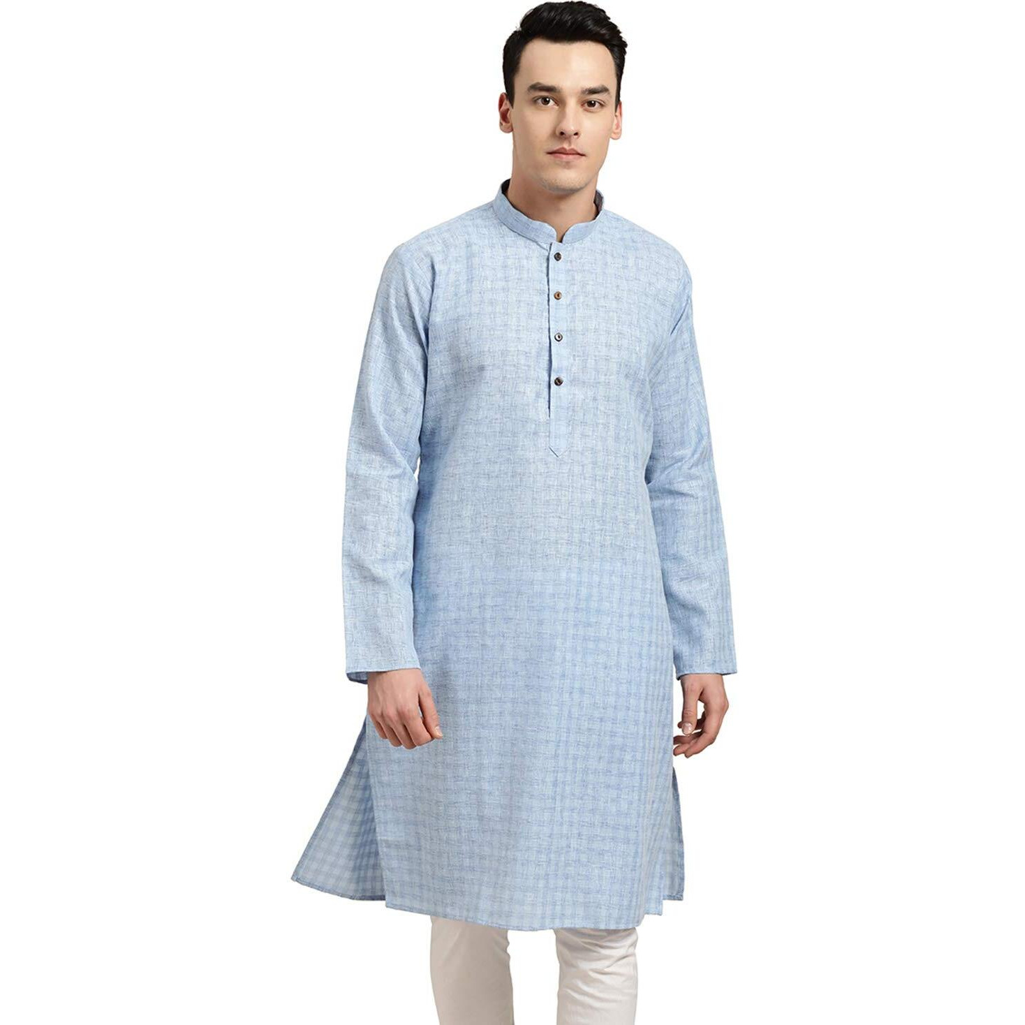 Sojanya (Since 1958 Men's Cotton Linen Blue Checked Only Long Kurta Size 36