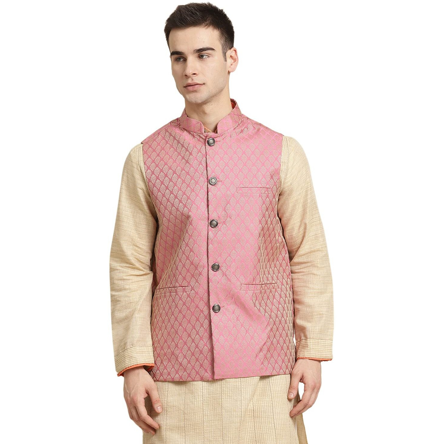 Sojanya (Since 1958, Men's Jacquard Silk Pink Self Design Only Nehrujacket, Size 38