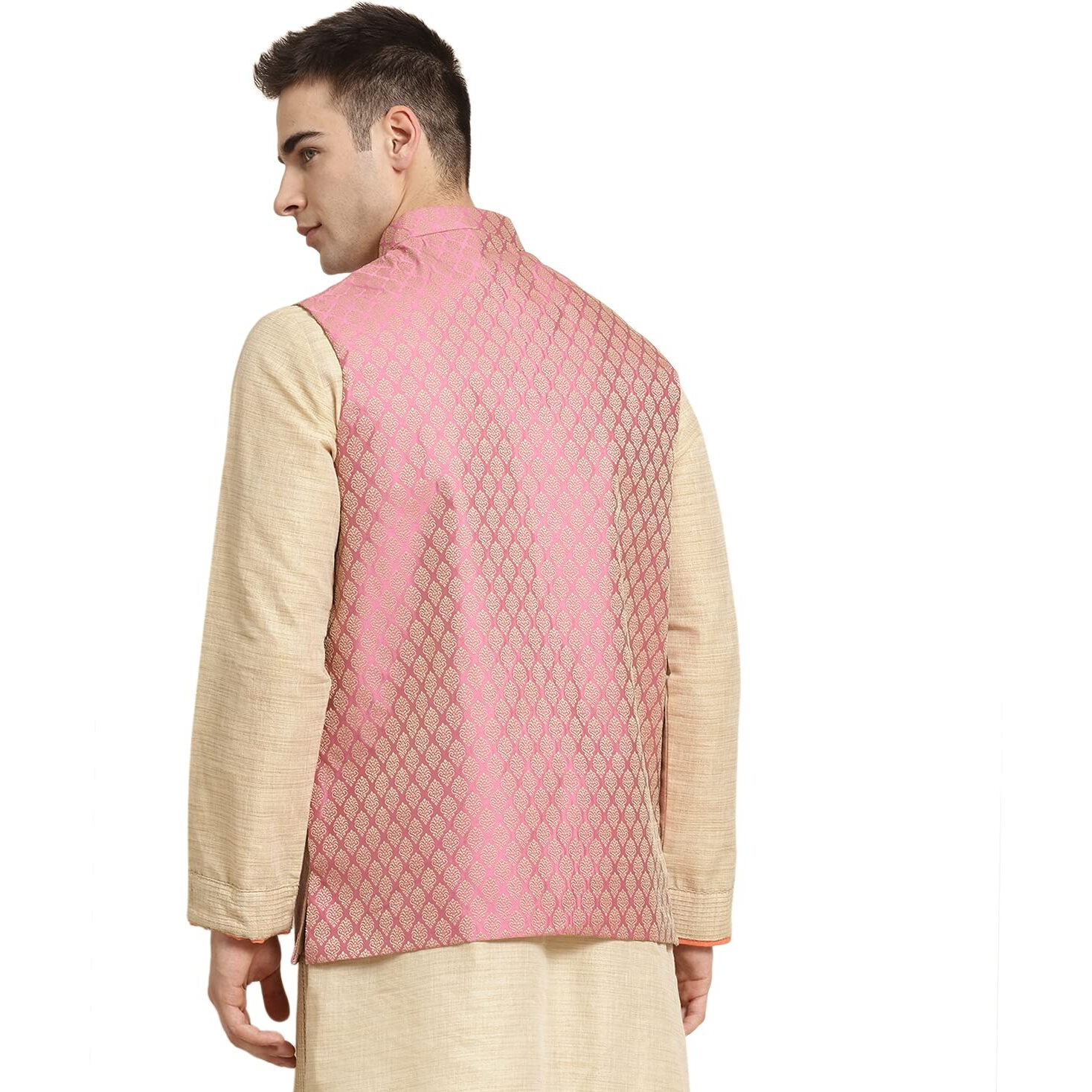Sojanya (Since 1958, Men's Jacquard Silk Pink Self Design Only Nehrujacket, Size 38
