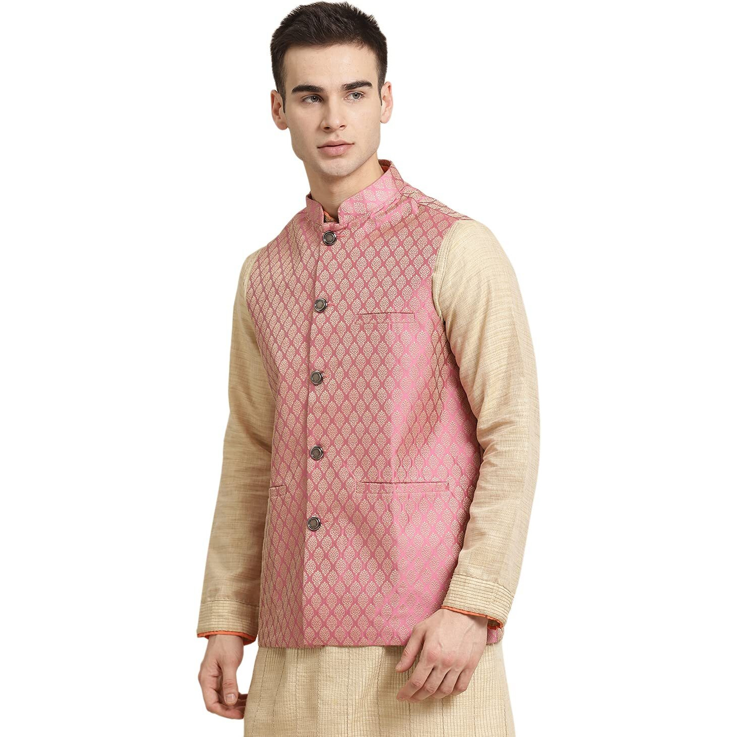 Sojanya (Since 1958, Men's Jacquard Silk Pink Self Design Only Nehrujacket, Size 38