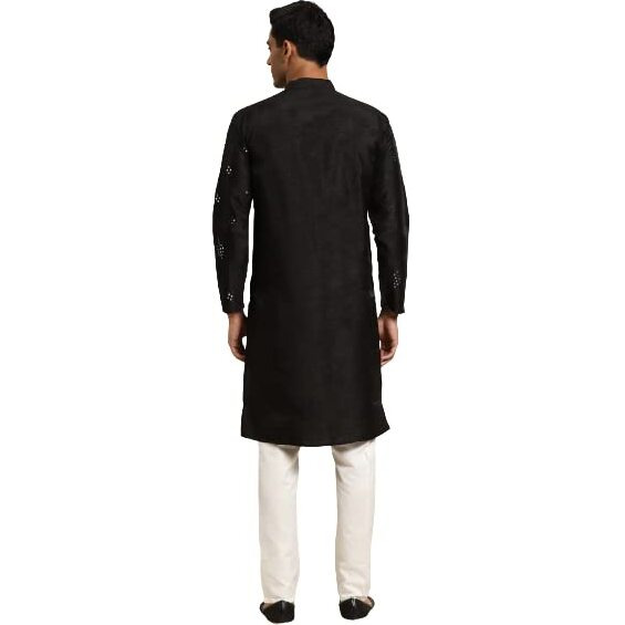 Sojanya (Since 1958 Men's Silk Blend Mirror Work Black Kurta & White Churidar Pyjama Set