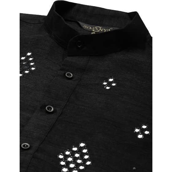 Sojanya (Since 1958 Men's Silk Blend Mirror Work Black Kurta & White Churidar Pyjama Set