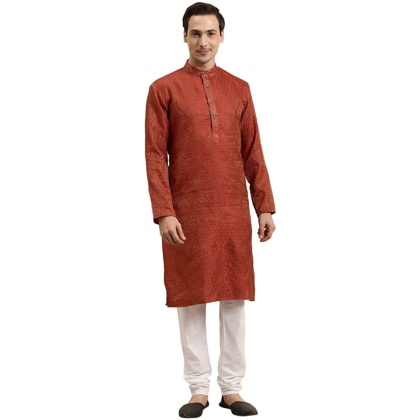 Sojanya (Since 1958 Men's Jacquard Silk Red & Gold Kurta Size 42