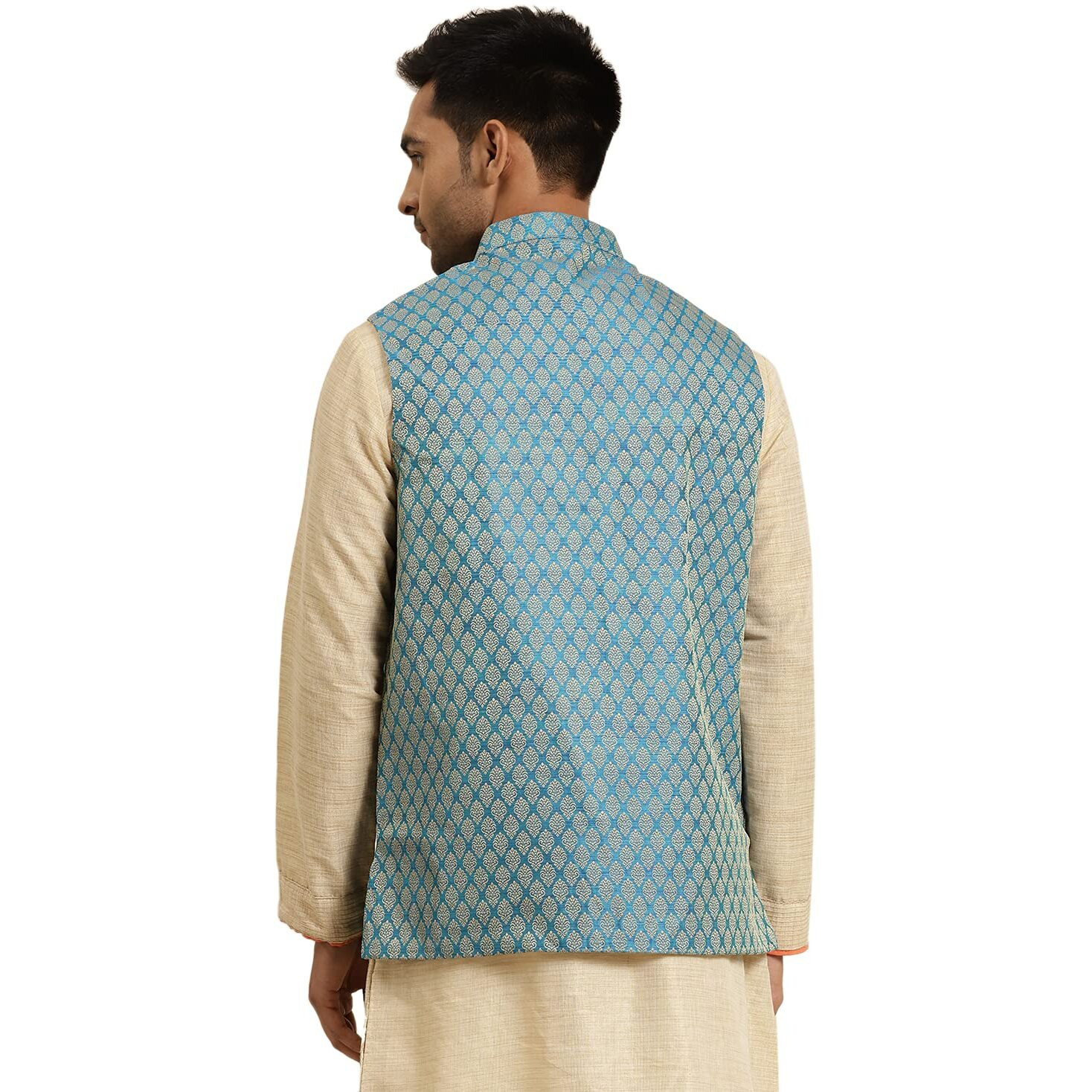 Sojanya (Since 1958, Men's Jacquard Silk Peacock Blue Self Design Only Nehrujacket, Size 38