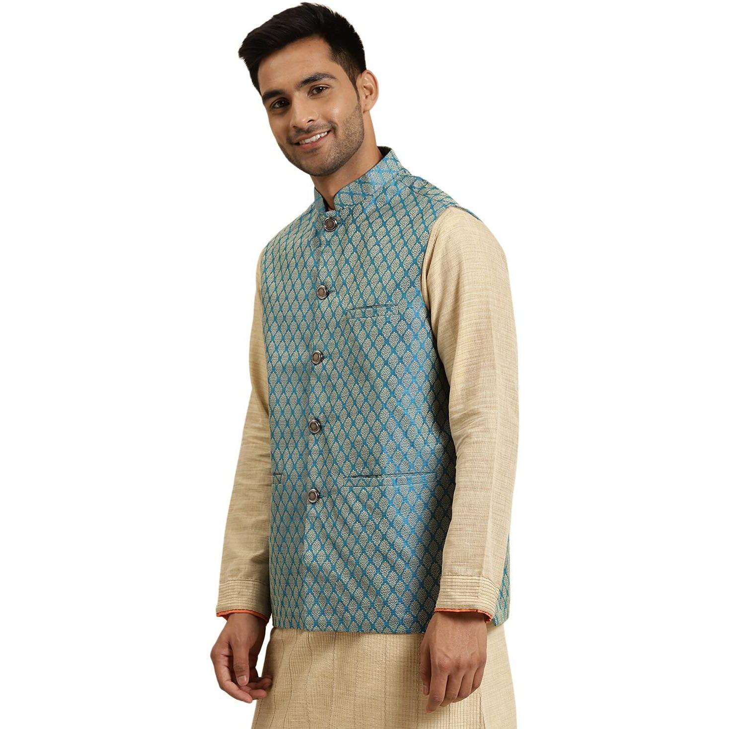 Sojanya (Since 1958, Men's Jacquard Silk Peacock Blue Self Design Only Nehrujacket, Size 38
