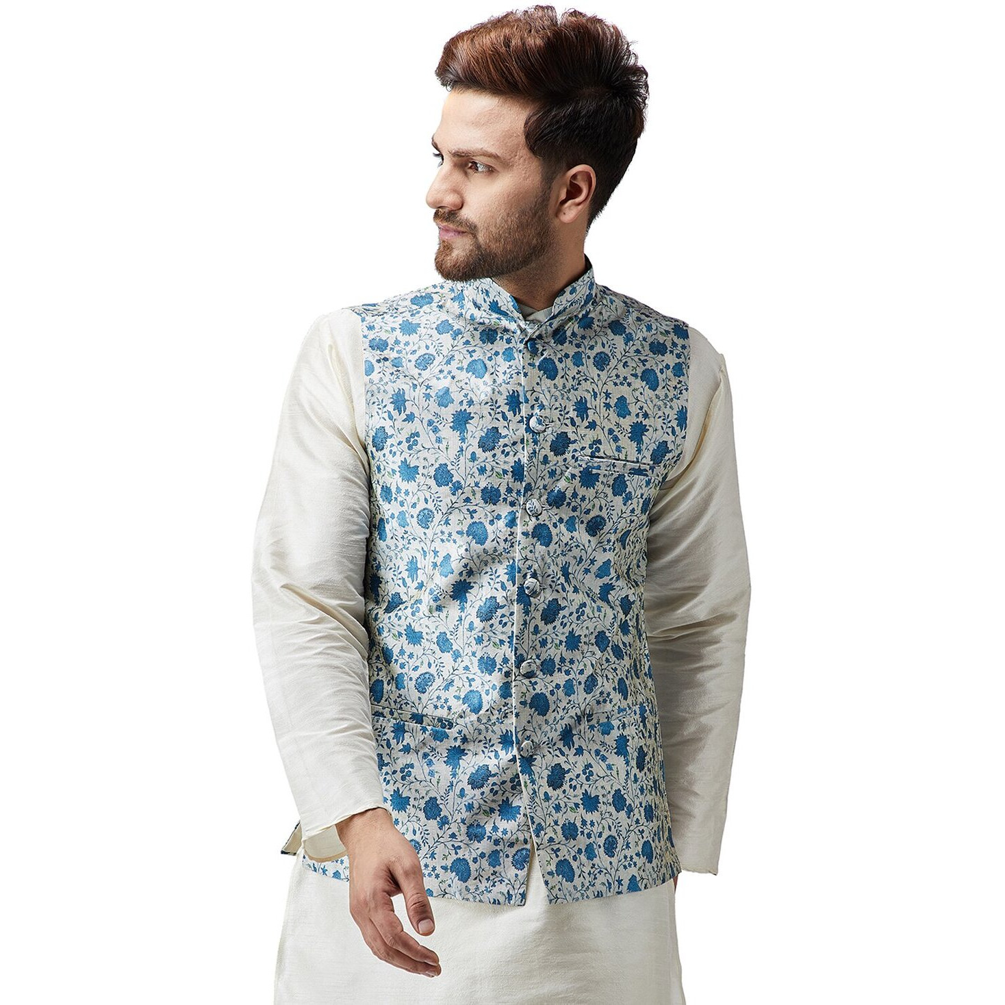 Sojanya (Since 1958, Men's Silk Blend Blue Printed Only Nehru Jacket, Size M(Sjr-Nehrujacket-Print-502-38)