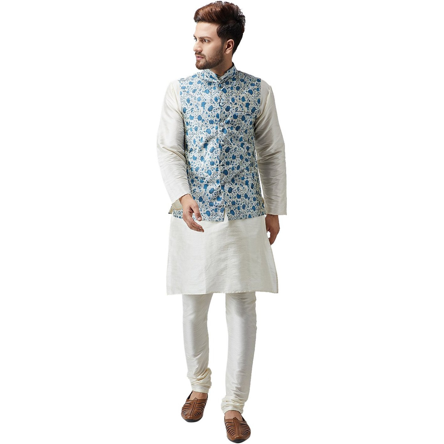 Sojanya (Since 1958, Men's Silk Blend Blue Printed Only Nehru Jacket, Size M(Sjr-Nehrujacket-Print-502-38)