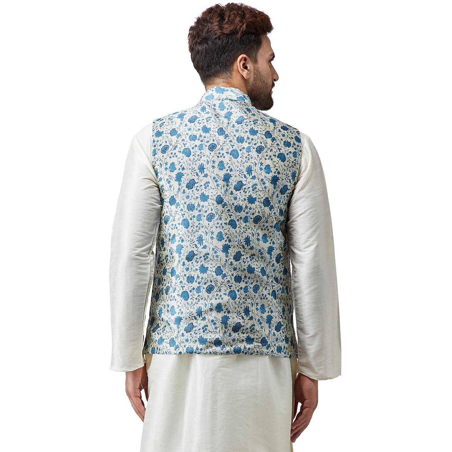 Sojanya (Since 1958, Men's Silk Blend Blue Printed Only Nehru Jacket, Size M(Sjr-Nehrujacket-Print-502-38)
