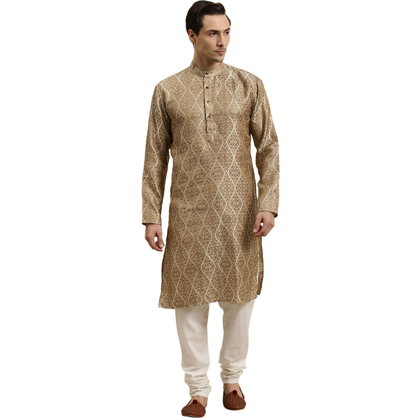 Sojanya (Since 1958 Men's Jacquard Silk Beige & Gold Kurta Size 44