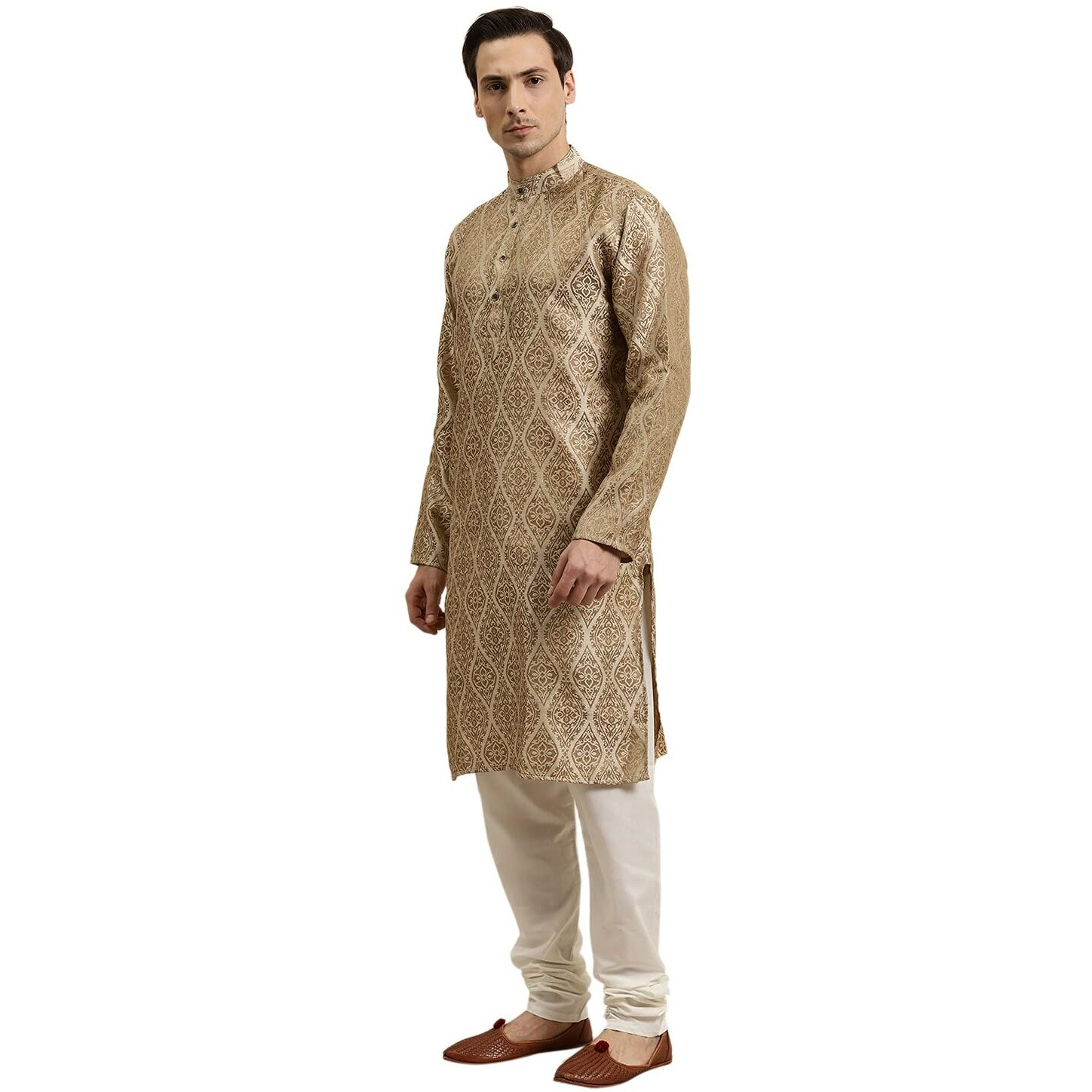 Sojanya (Since 1958 Men's Jacquard Silk Beige & Gold Kurta Size 44