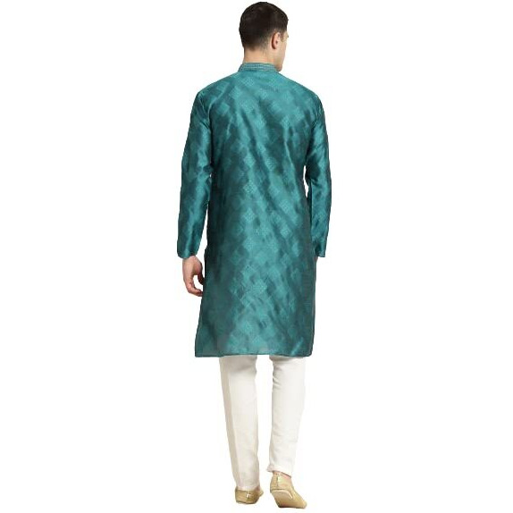 Sojanya (Since 1958 Men's Jacquard Silk Peacock Blue Self Design Kurta & Off White Churidar Pyjama Set