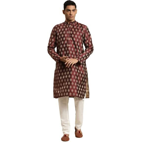 Sojanya (Since 1958 Men's Silk Blend Maroon & Gold Booti Jacquard Only Long Kurta