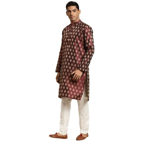 Sojanya (Since 1958 Men's Silk Blend Maroon & Gold Booti Jacquard Only Long Kurta