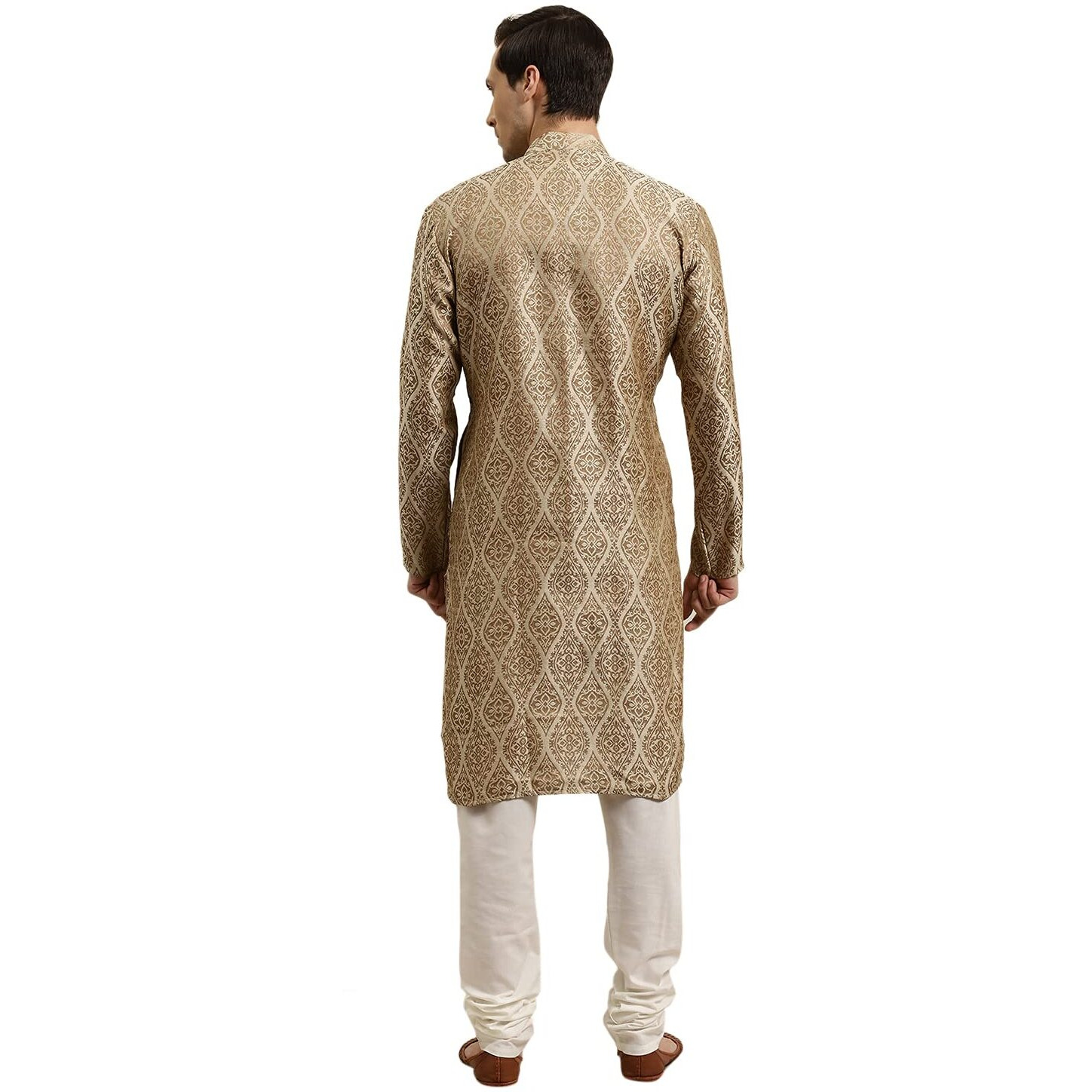 Sojanya (Since 1958 Men's Jacquard Silk Beige & Gold Kurta Size 36
