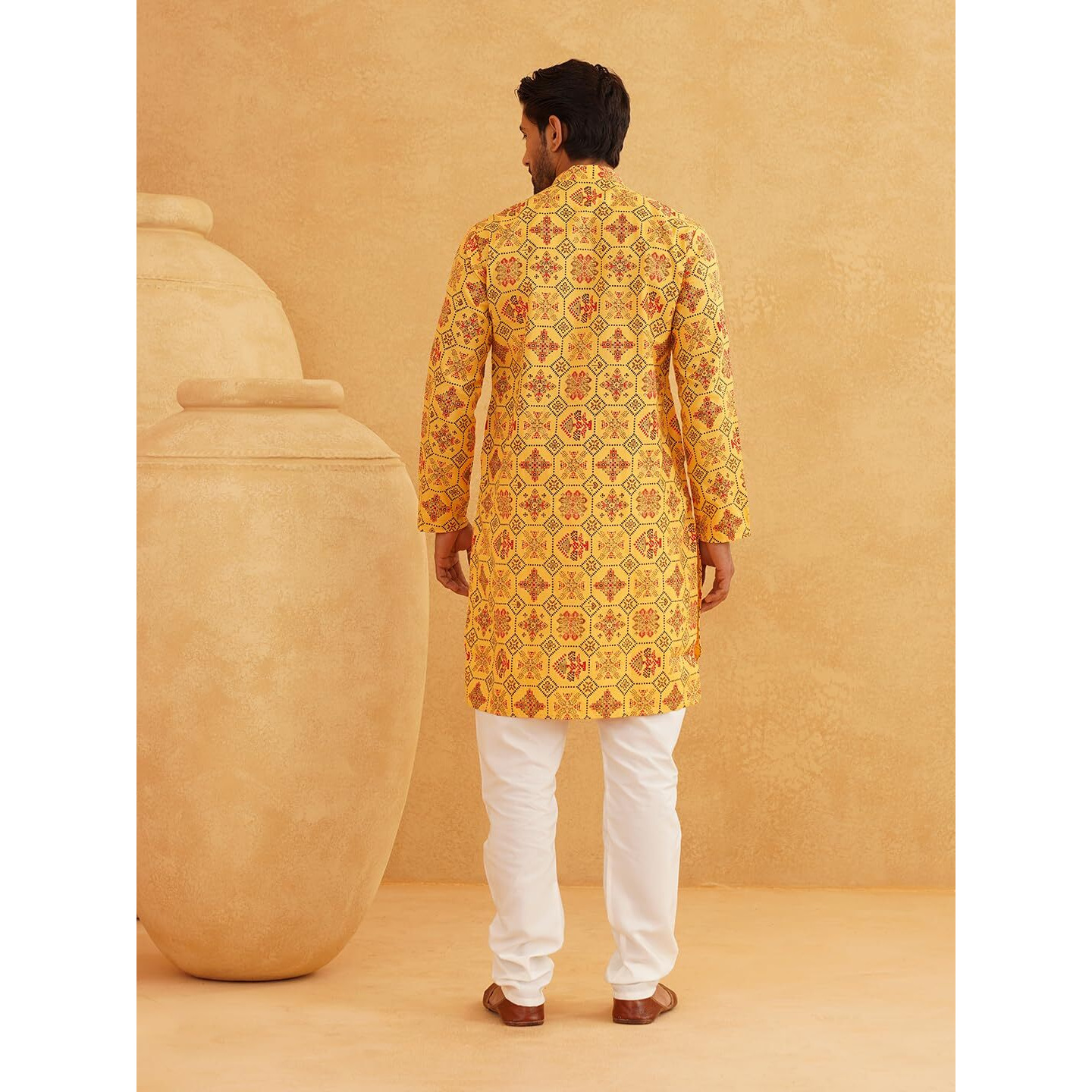 Sojanya (Since 1958 Men's Cotton Linen Yellow & Multi Print Only Long Kurta