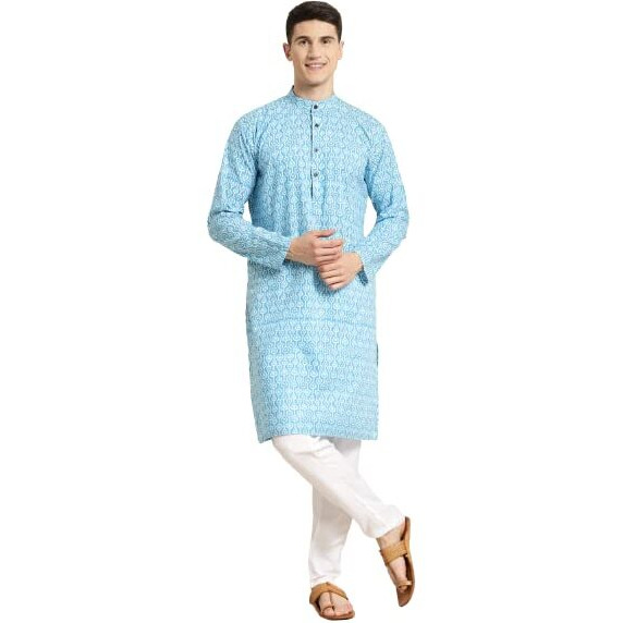 Sojanya (Since 1958 Men's Cotton Turquoise Blue & White Print Kurta & White Churidar Pyjama Set