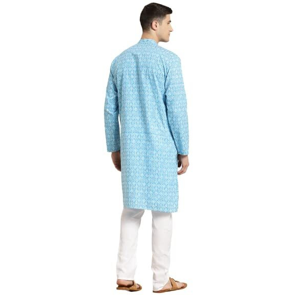 Sojanya (Since 1958 Men's Cotton Turquoise Blue & White Print Kurta & White Churidar Pyjama Set