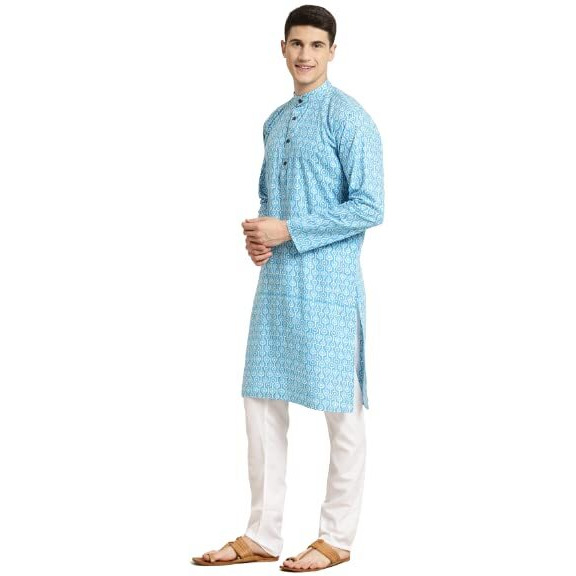 Sojanya (Since 1958 Men's Cotton Turquoise Blue & White Print Kurta & White Churidar Pyjama Set