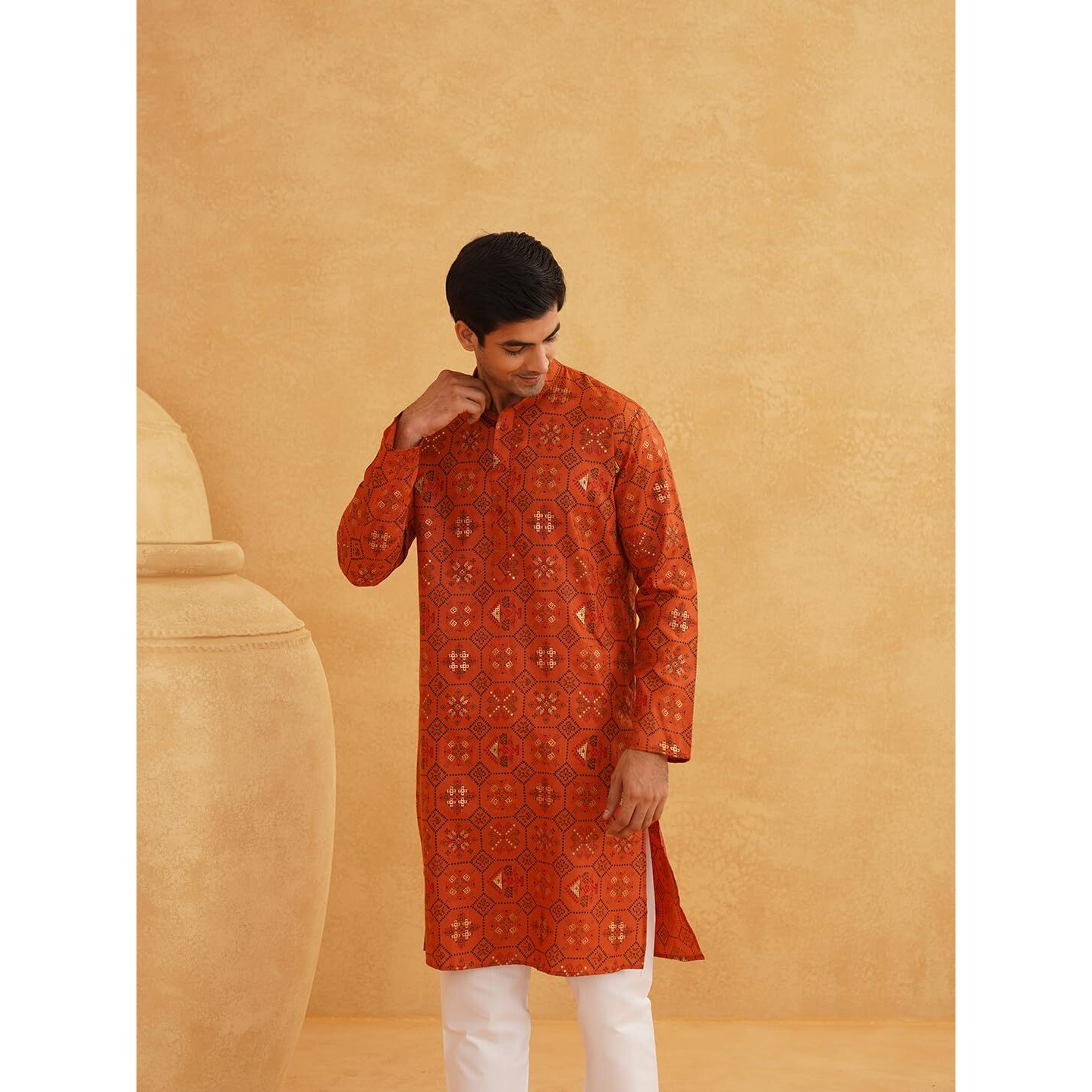 Sojanya (Since 1958 Men's Cotton Linen Orange & Multi Print Only Long Kurta