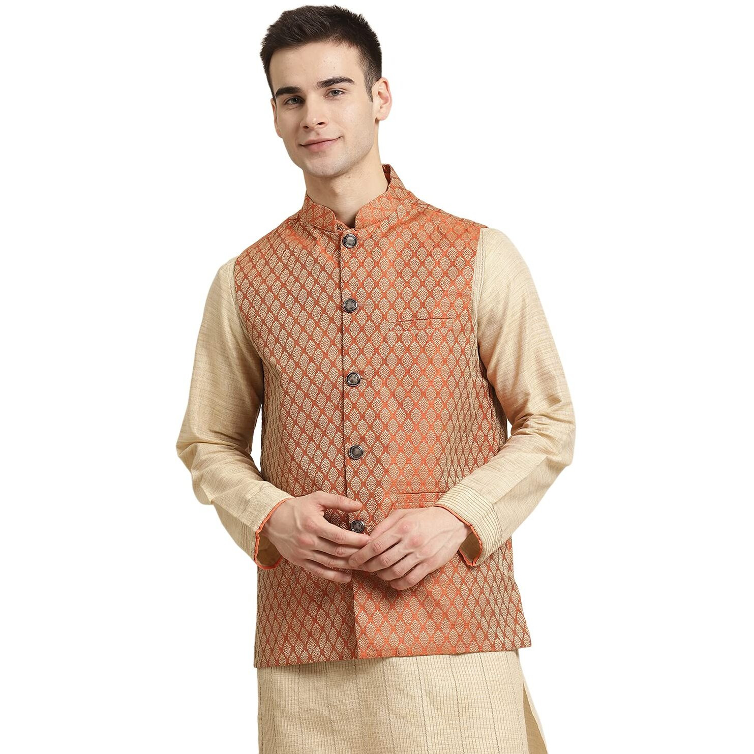 Sojanya (Since 1958, Men's Jacquard Silk Orange Self Design Only Nehrujacket, Size 36