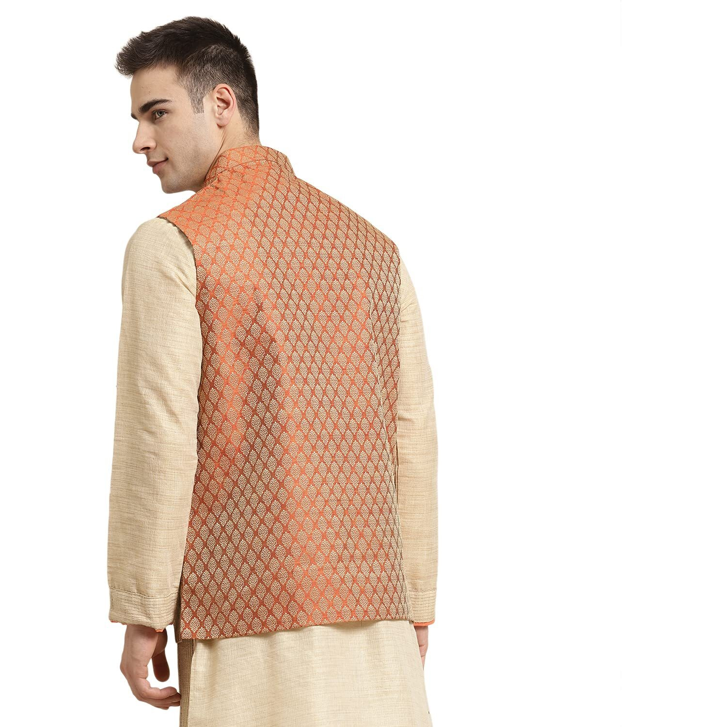 Sojanya (Since 1958, Men's Jacquard Silk Orange Self Design Only Nehrujacket, Size 36