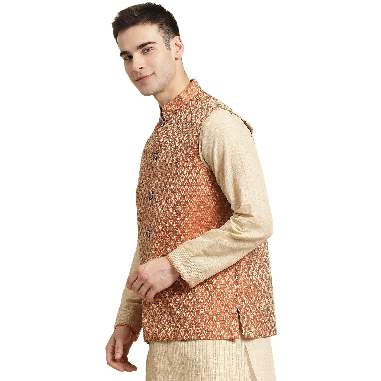 Sojanya (Since 1958, Men's Jacquard Silk Orange Self Design Only Nehrujacket, Size 36