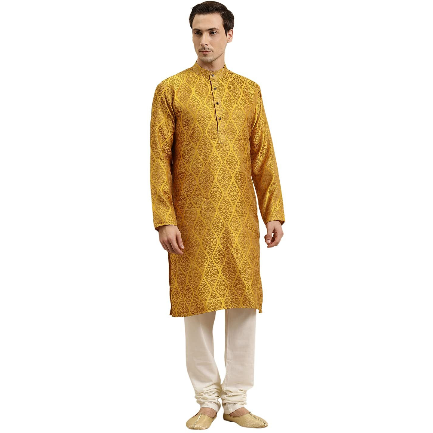 Sojanya (Since 1958 Men's Jacquard Silk Mustard & Gold Kurta & Off-White Churidar Pyjama Set Size 40