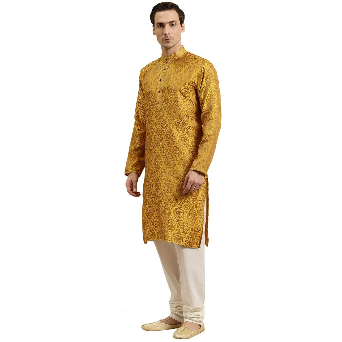Sojanya (Since 1958 Men's Jacquard Silk Mustard & Gold Kurta & Off-White Churidar Pyjama Set Size 40