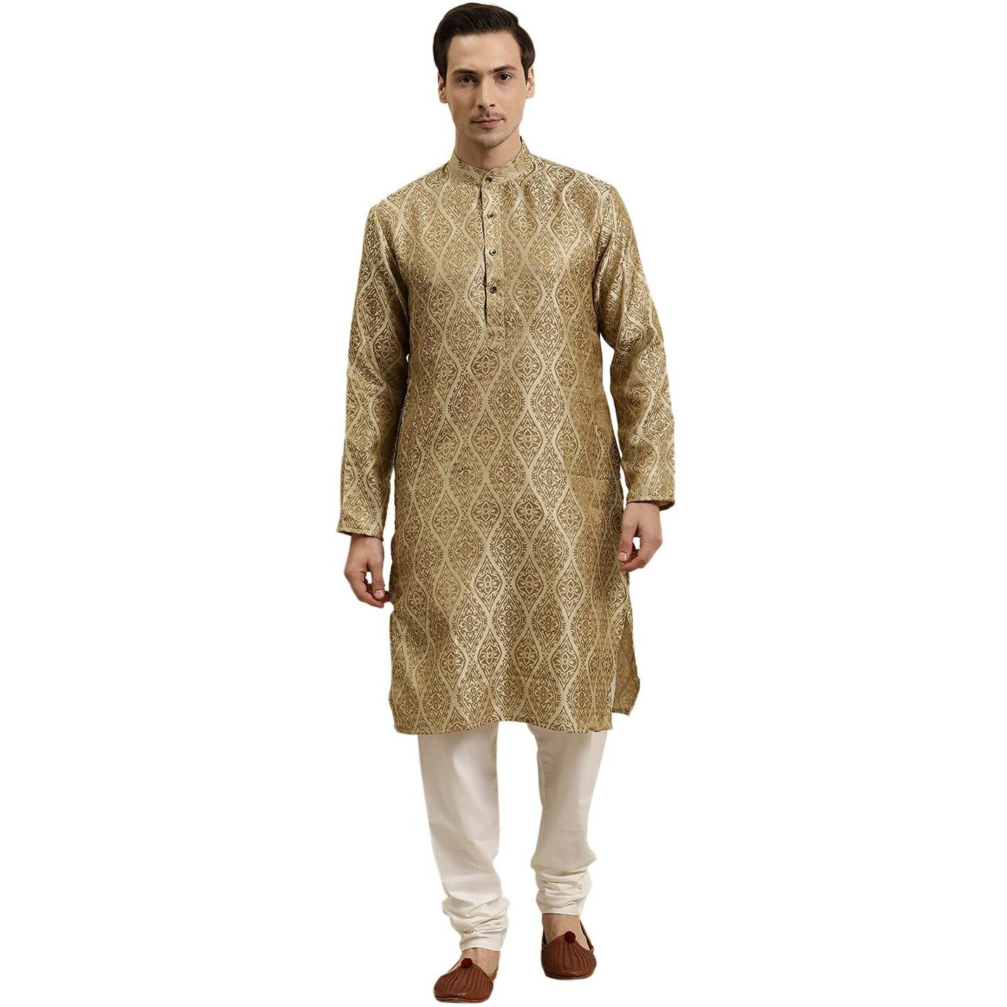 Sojanya (Since 1958 Men's Jacquard Silk Beige & Gold Kurta & Off-White Churidar Pyjama Set Size 40