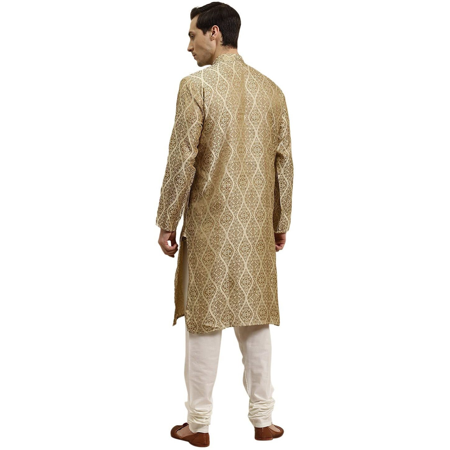 Sojanya (Since 1958 Men's Jacquard Silk Beige & Gold Kurta & Off-White Churidar Pyjama Set Size 40