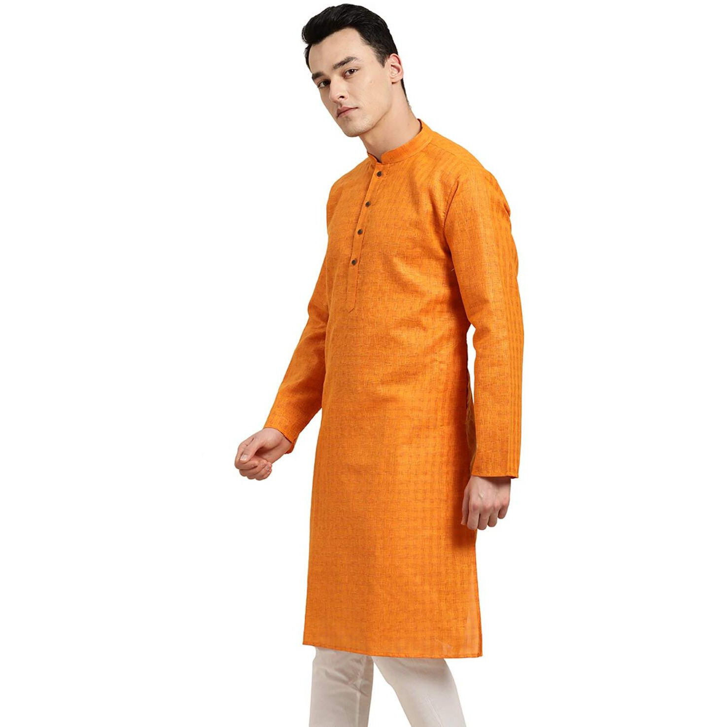 Sojanya (Since 1958 Men's Cotton Linen Orange Checked Only Long Kurta Sizes 38