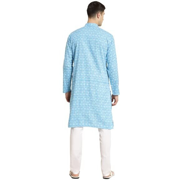 Sojanya (Since 1958 Men's Cotton Turquoise Blue & White Printed Only Long Kurta