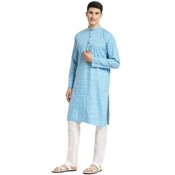 Sojanya (Since 1958 Men's Cotton Turquoise Blue & White Printed Only Long Kurta