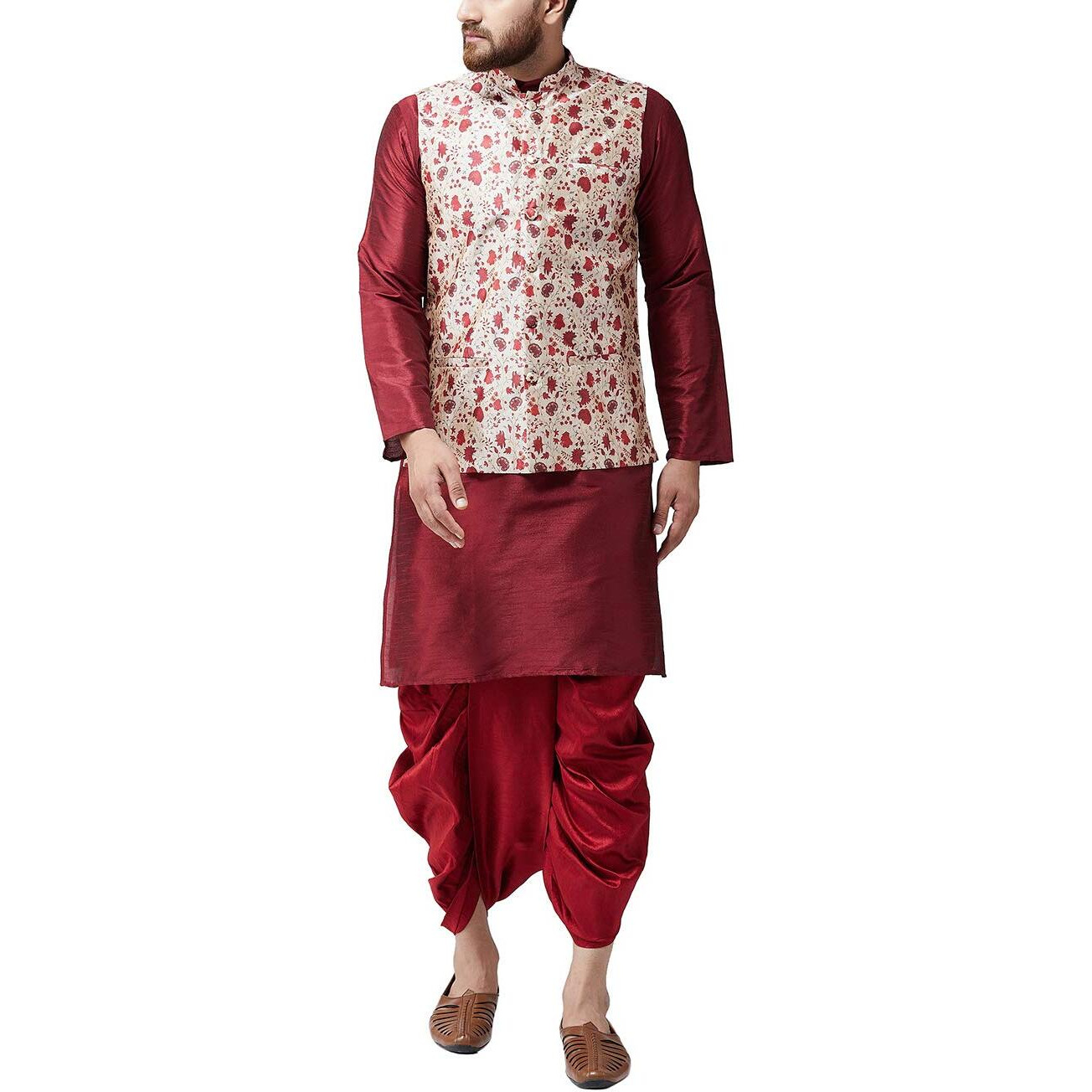 Sojanya (Since 1958, Mens Silk Blend Maroon Kurta Dhoti & Red Nehru Jacket Combo, Size Xl