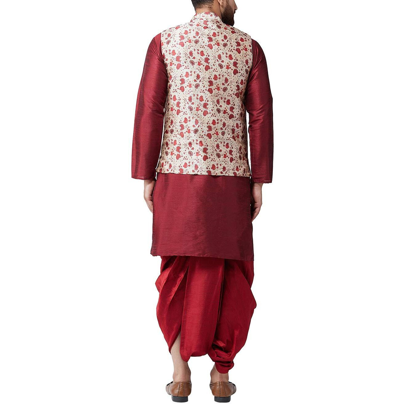 Sojanya (Since 1958, Mens Silk Blend Maroon Kurta Dhoti & Red Nehru Jacket Combo, Size Xl
