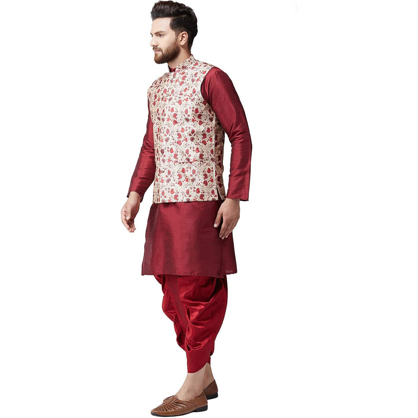 Sojanya (Since 1958, Mens Silk Blend Maroon Kurta Dhoti & Red Nehru Jacket Combo, Size Xl