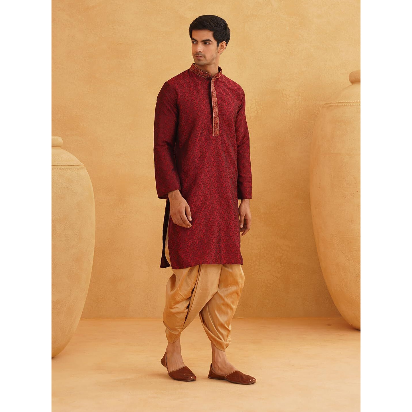 Sojanya (Since 1958, Men's Maroon & Gold Silk Dhoti Kurta Set, Size Xl