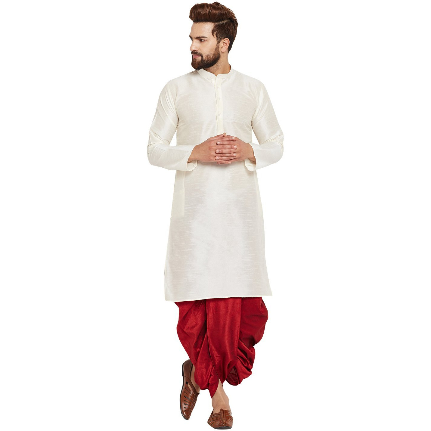 Sojanya (Since 1958 Men's Off-Whit & Maroon Silk Dhoti Kurta Set, Size Xl