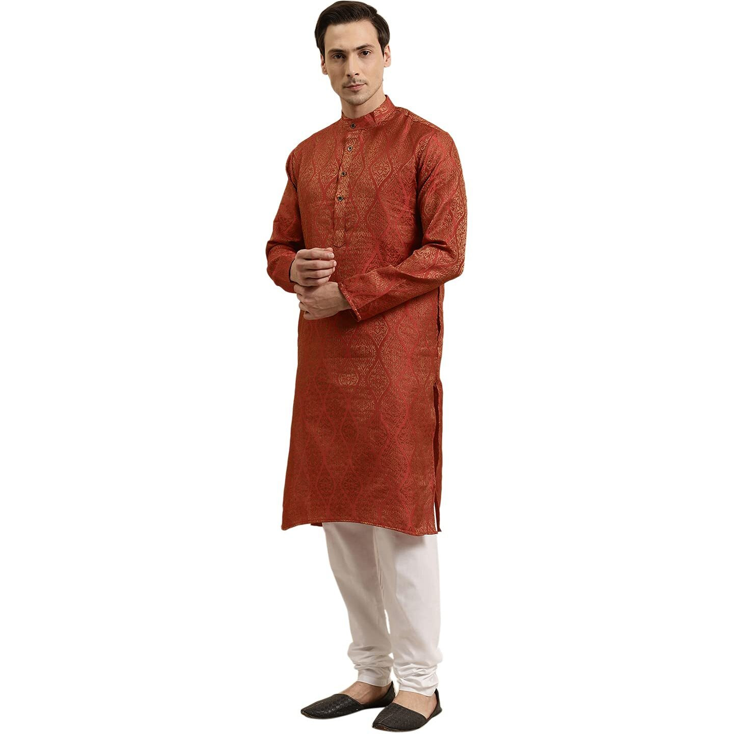 Sojanya (Since 1958 Men's Jacquard Silk Red & Gold Kurta Size 38